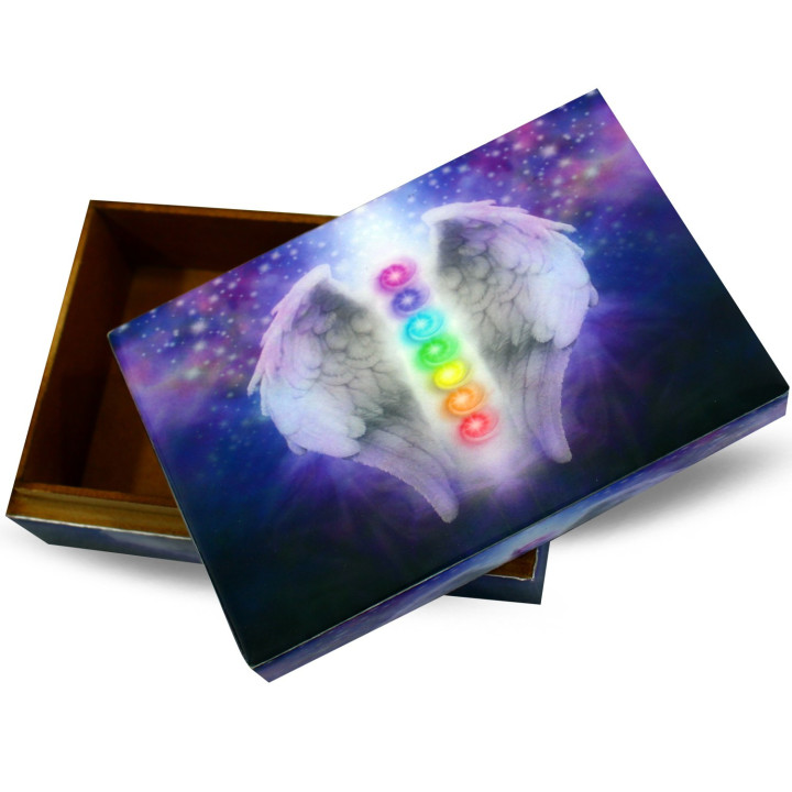 Caja de madera alas de ángel 7 chakras 15x10cm